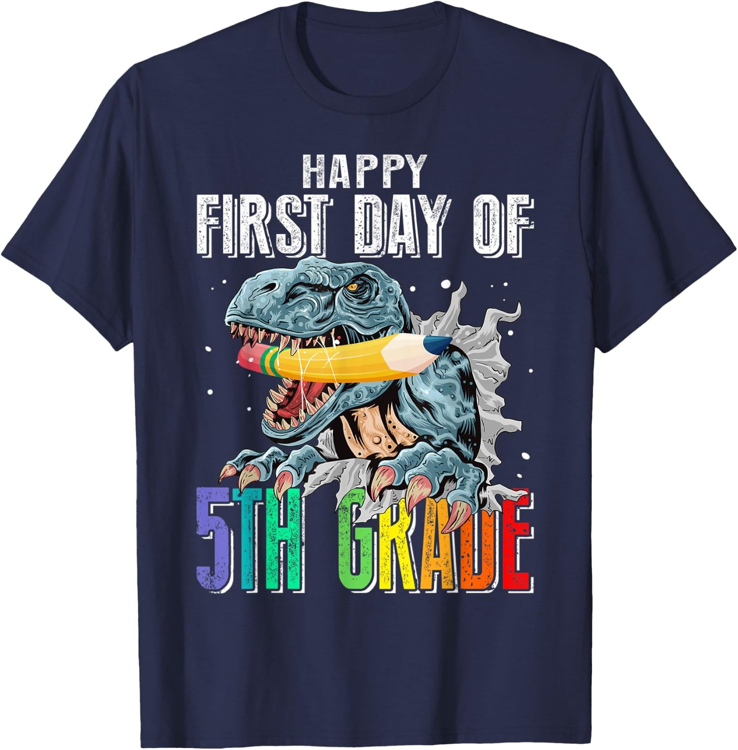 Happy First Day Of 5th Grade Dinosaur Back To School T-Shirt - T-Shirt | Navy