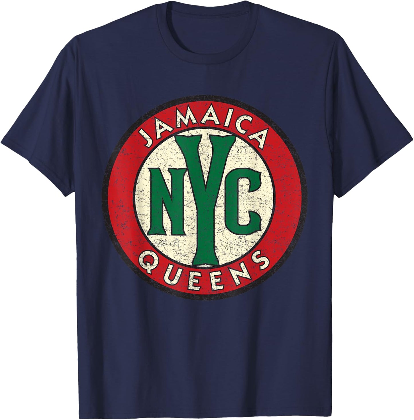 Jamaica Queens NYC Circle Sign Distressed Print T-Shirt - T-Shirt | Navy