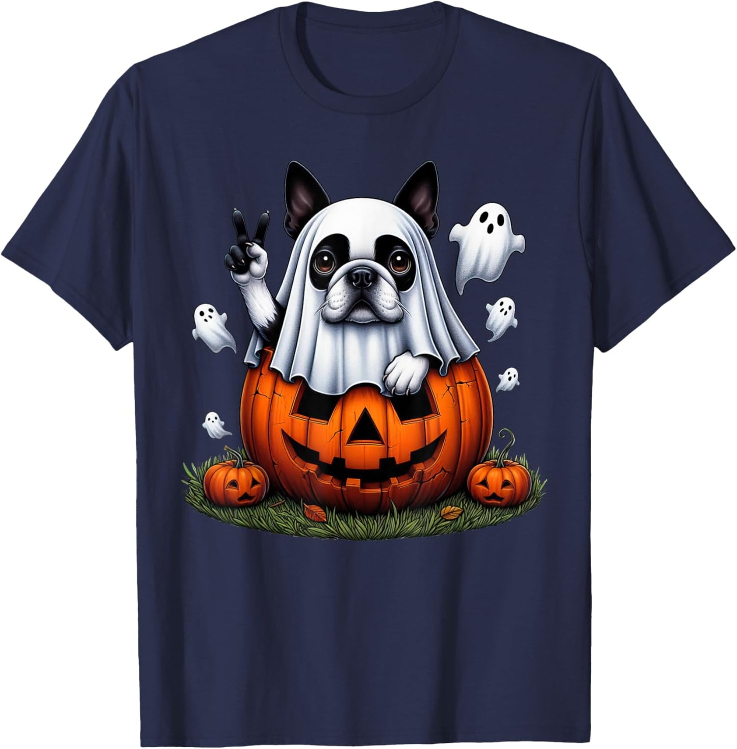 Funny Boston Terrier Ghost Boo Halloween Kids T-Shirt - T-Shirt | Navy