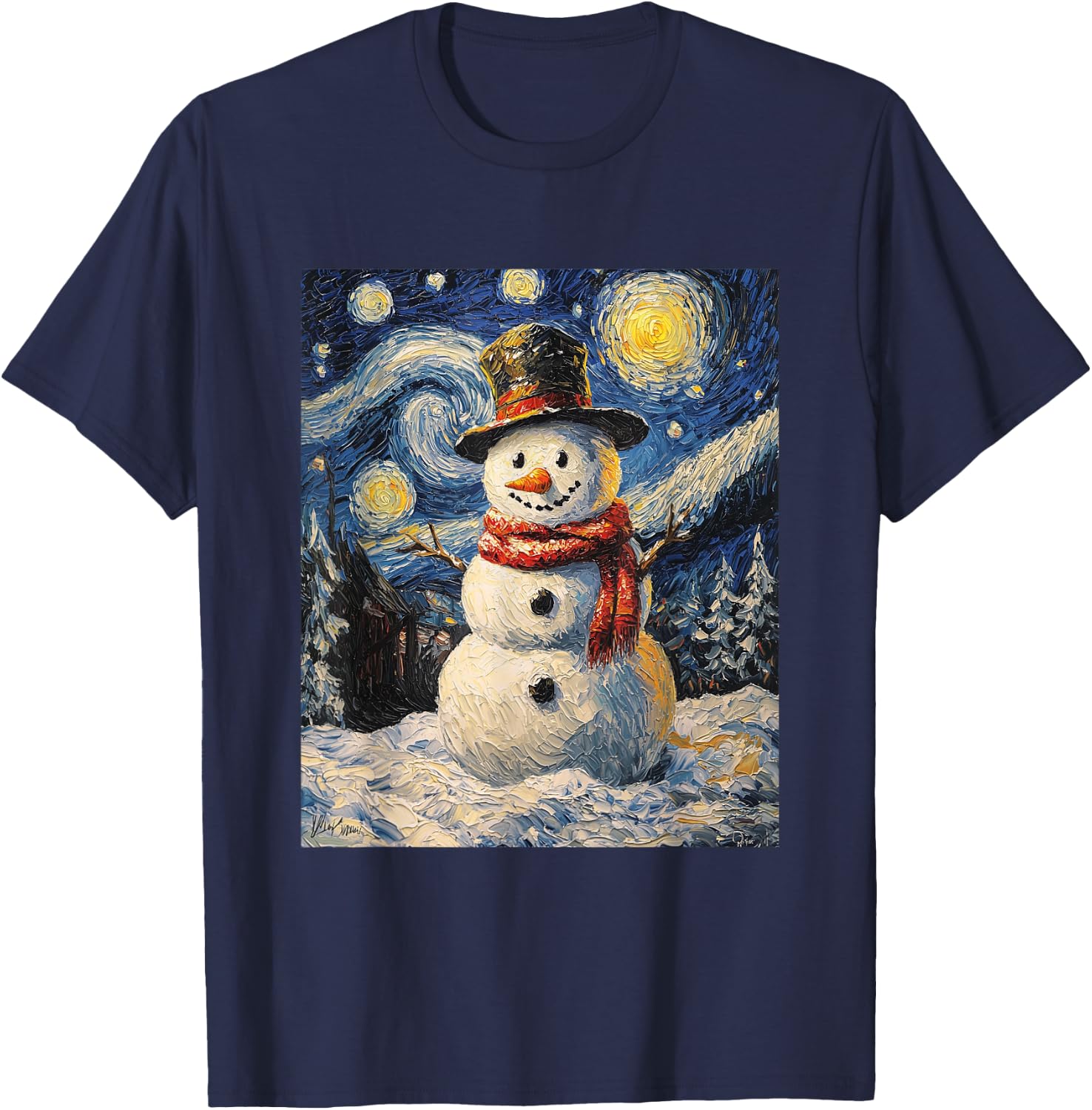 Snowman - Van Gogh Style - Starry Night - Funny Graphic T-Shirt - T-Shirt | Navy