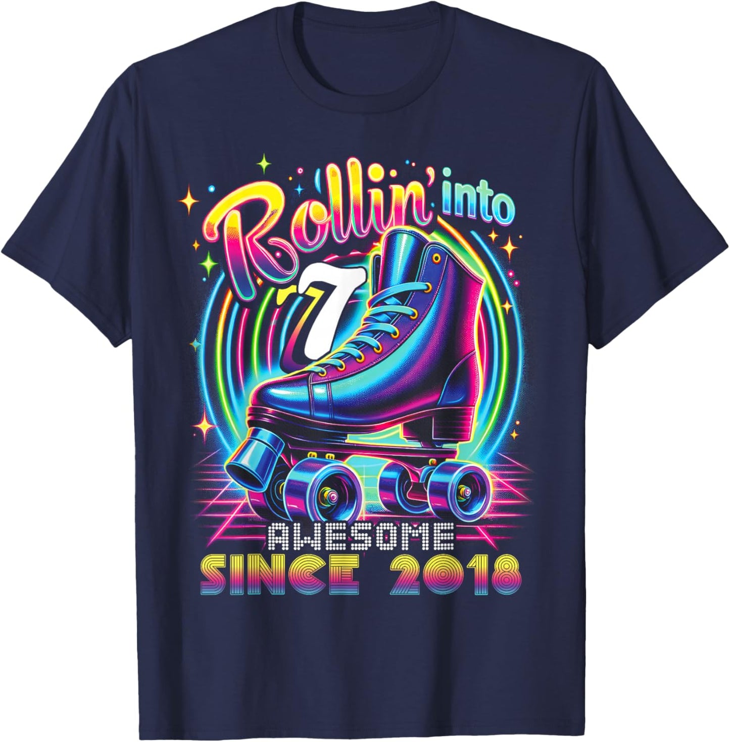 Birthday Roller Skating 7th Girls Rollin into 7 Skate Party T-Shirt - T-Shirt | Navy
