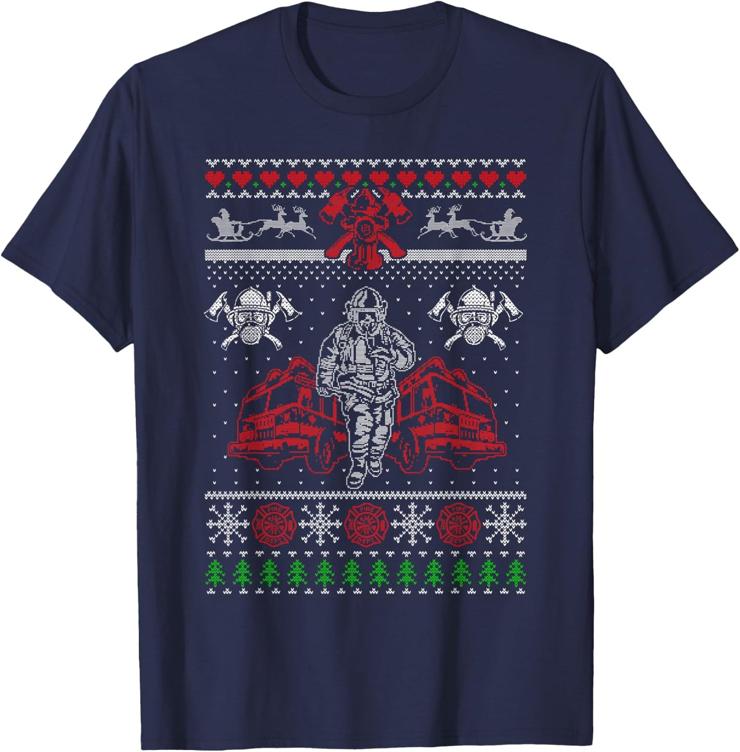 Firefighter Ugly Christmas Sweater Santa Xmas T-Shirt - T-Shirt | Navy
