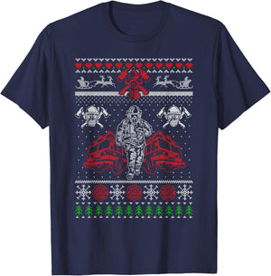 Firefighter Ugly Christmas Sweater Santa Xmas T-Shirt - T-Shirt | Navy