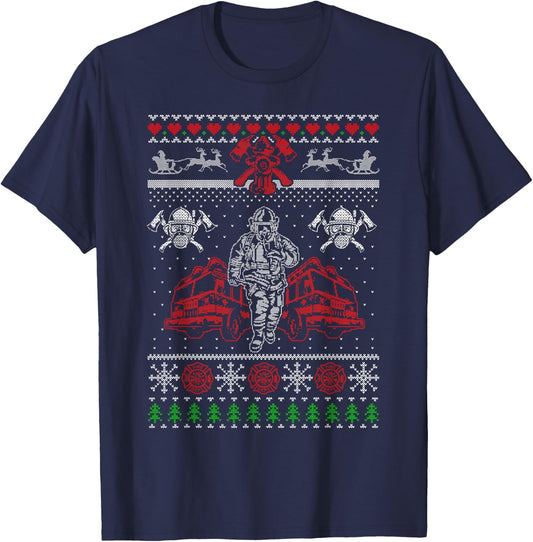Firefighter Ugly Christmas Sweater Santa Xmas T-Shirt - T-Shirt | Navy