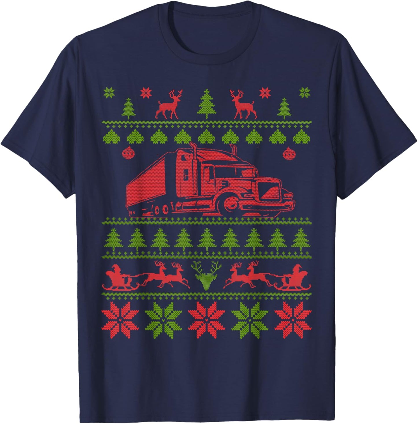 Trucker Semi Truck Driver Ugly Christmas T-Shirt - T-Shirt | Navy