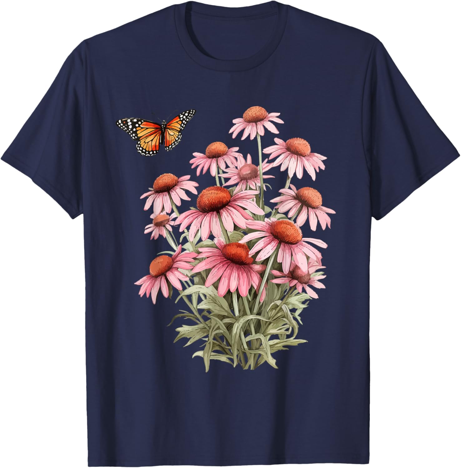 Echinacea Cone Flower Monarch Butterfly Pollinator Habitat T-Shirt - T-Shirt | Navy