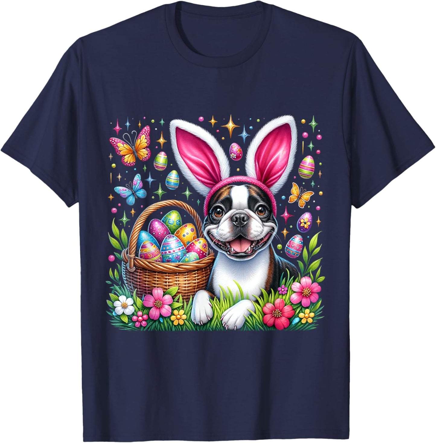 Cute Bunny Boston Terrier Dog Easter Eggs Basket Easter Day T-Shirt - T-Shirt | Navy