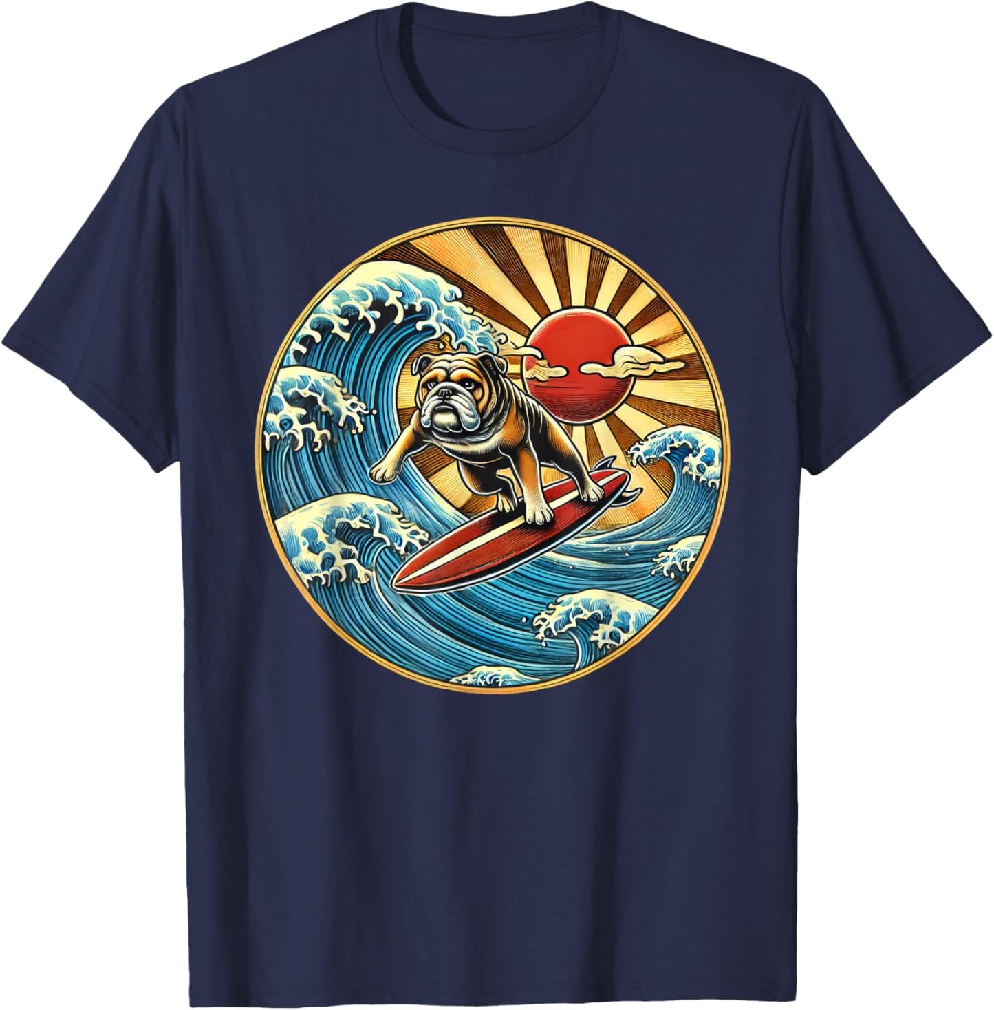 English Bulldog Dog Surfing Surfer T-Shirt - T-Shirt | Navy
