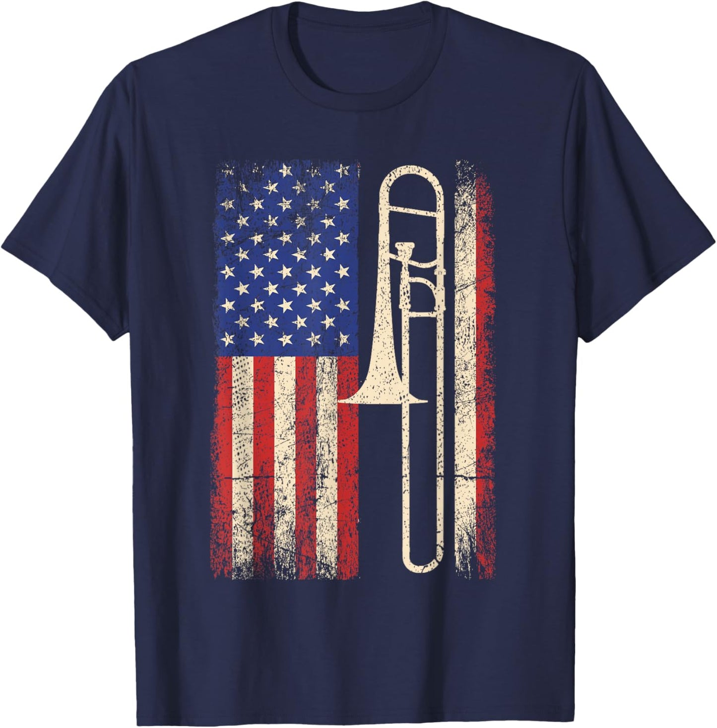 Trombone USA American Flag Shirt Jazz Music Vintage Men T-Shirt - T-Shirt | Navy
