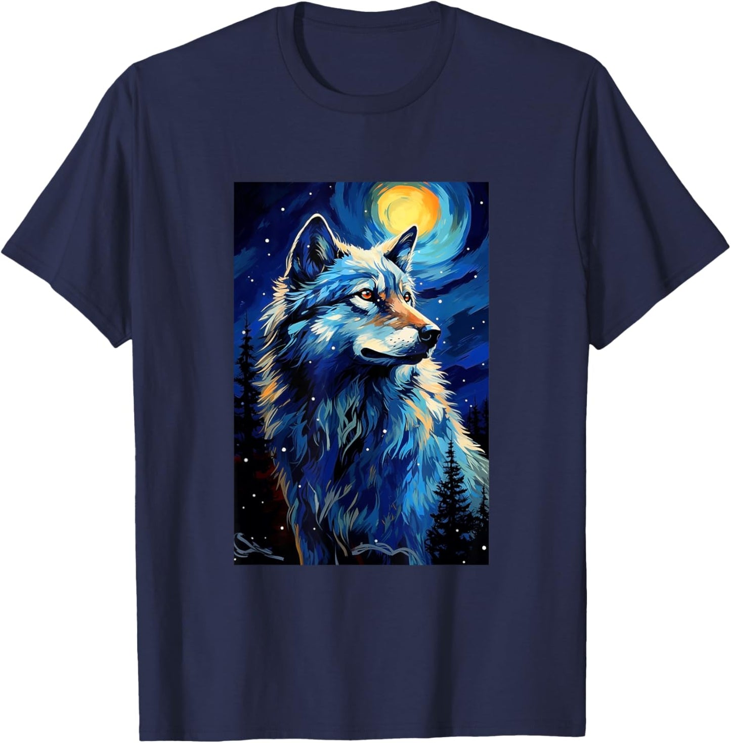 Wolf Wolves - Van Gogh Style - Starry Night T-Shirt - T-Shirt | Navy