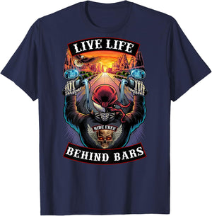 Live Life Behind Bars Motorcycle Biker Skull T-Shirt - T-Shirt | Navy