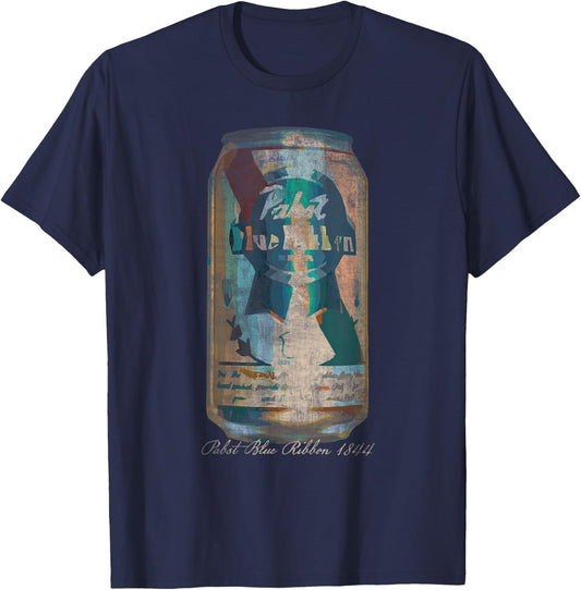 Pabst Blue Ribbon -Adults Painted Artwork PBR Beer Can , Black, Small, Short Sleeve, Classic Fit, Machine-Washable, Soft Fabric T-Shirt - T-Shirt | Navy
