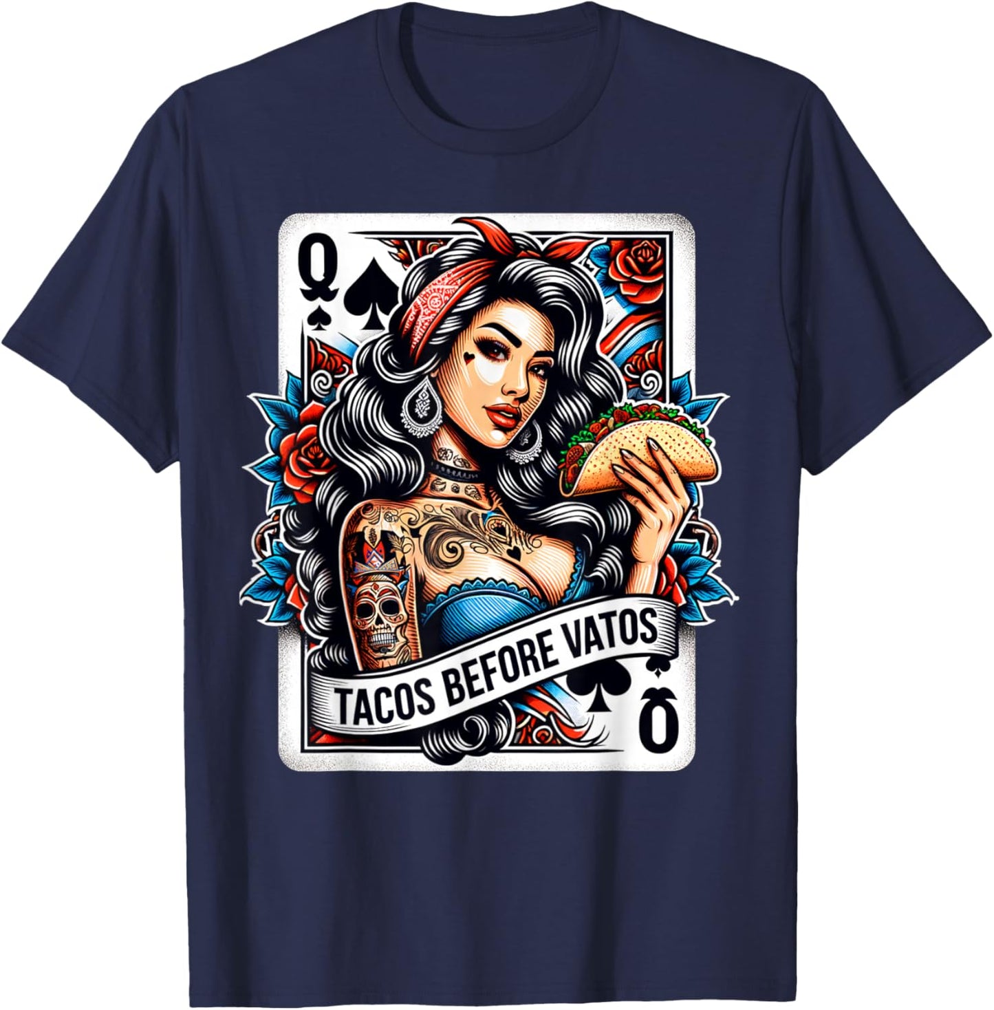 Tacos Before Vatos Mexican Latina Chicana Pin-Up Girl Tattoo T-Shirt - T-Shirt | Navy