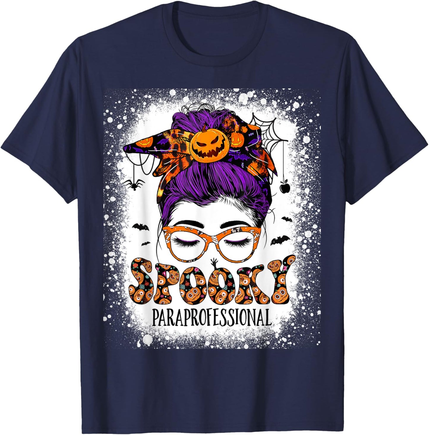 Spooky Paraprofessional Life Halloween Messy Bun Teacher Women T-Shirt - T-Shirt | Navy