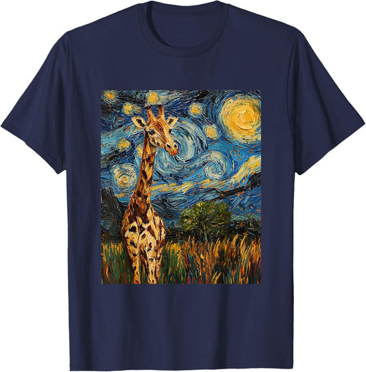 Cute Giraffe Africa - Van Gogh Style - Starry Night T-Shirt - T-Shirt | Navy