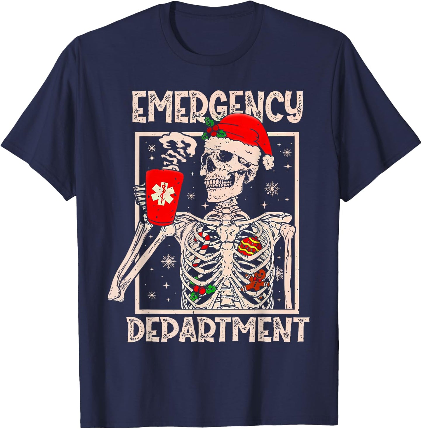 Emergency Department Skeleton Coffee ER Nurse Christmas T-Shirt - T-Shirt | Navy