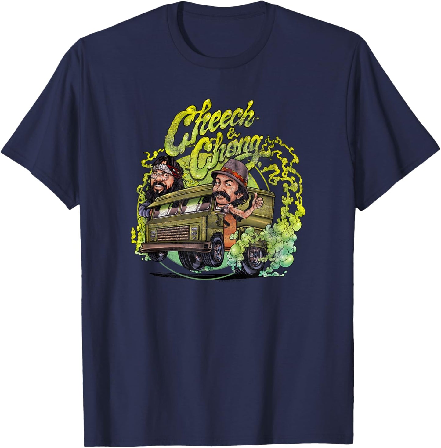 Cheech & Chong Retro Cartoon Riding Truck With Green Smoke T-Shirt - T-Shirt | Navy