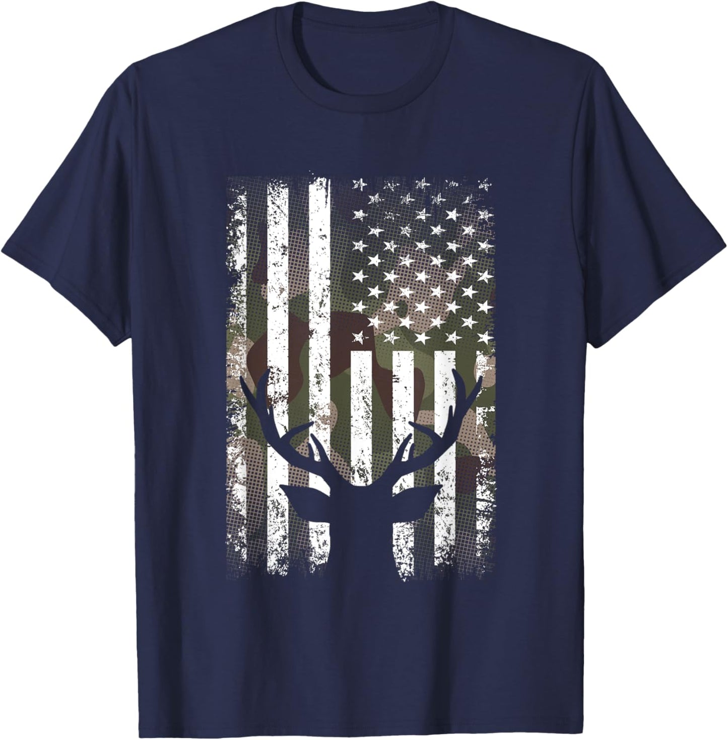 American Flag Camouflage Outdoor Antlers Elk Deer T-Shirt - T-Shirt | Navy