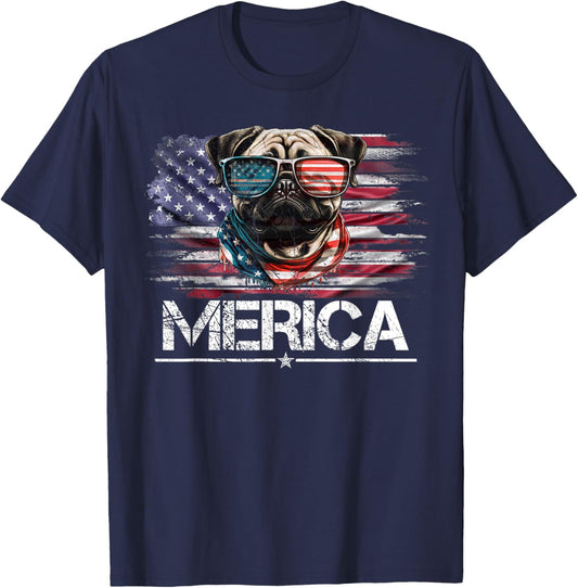 Vintage Pug Dog, Merica Pug Dog USA Flag Funny Women Kids Men T-Shirt - T-Shirt | Navy