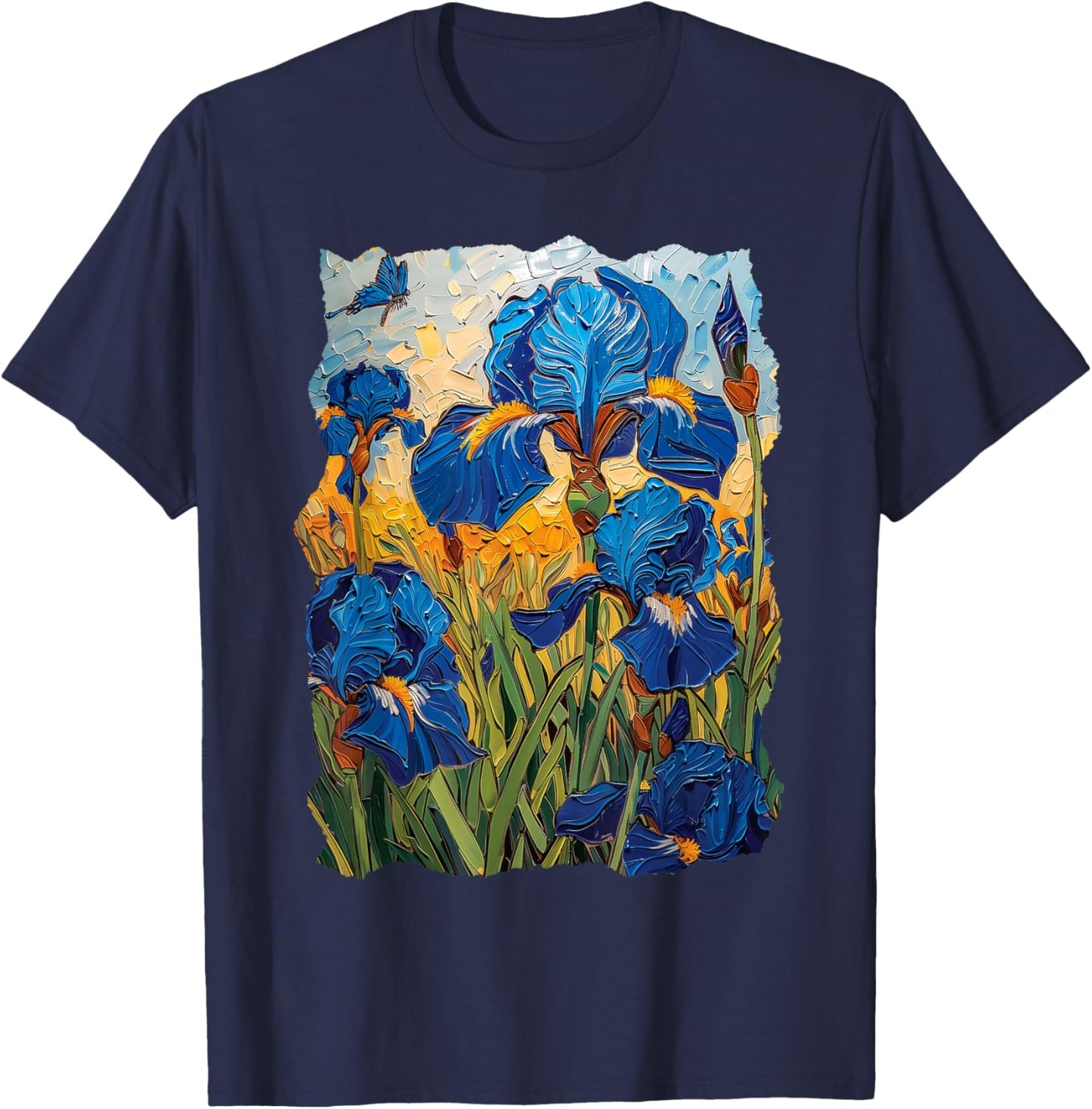 Starry Night Van Gogh Artistic Irises and Butterflies T-Shirt - T-Shirt | Navy