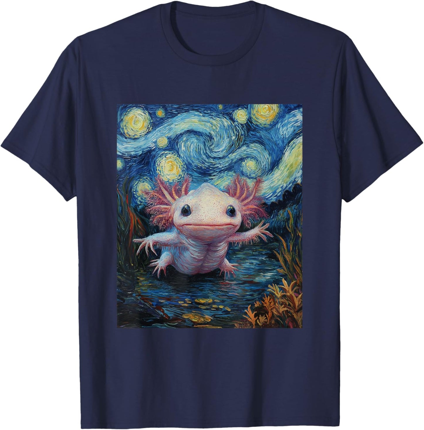 Axolotl Kawaii - Van Gogh Style - Starry Night Graphic T-Shirt - T-Shirt | Navy