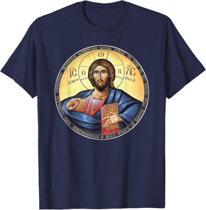 Jesus Christ Pantocrator Orthodox Byzantine Icon T-Shirt - T-Shirt | Navy
