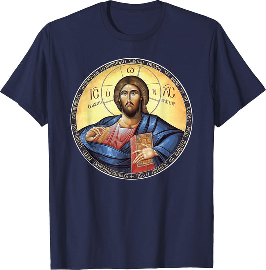 Jesus Christ Pantocrator Orthodox Byzantine Icon T-Shirt - T-Shirt | Navy