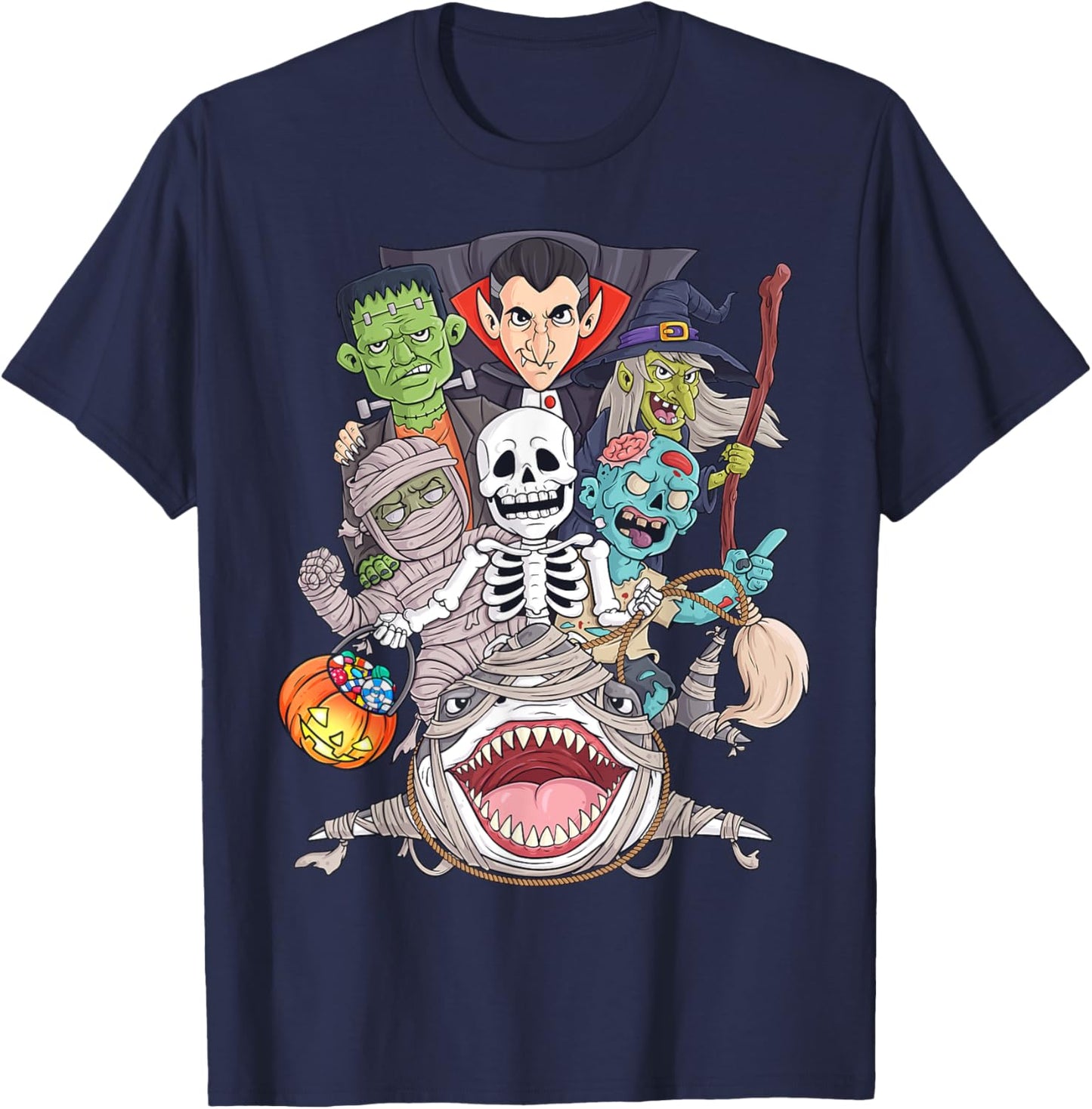 Skeleton Zombie Riding Mummy Shark Funny Halloween Pumpkin T-Shirt - T-Shirt | Navy