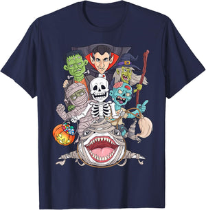 Skeleton Zombie Riding Mummy Shark Funny Halloween Pumpkin T-Shirt - T-Shirt | Navy