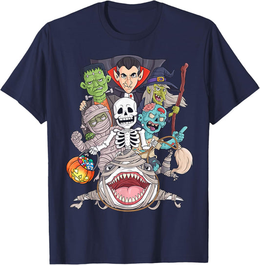 Skeleton Zombie Riding Mummy Shark Funny Halloween Pumpkin T-Shirt - T-Shirt | Navy