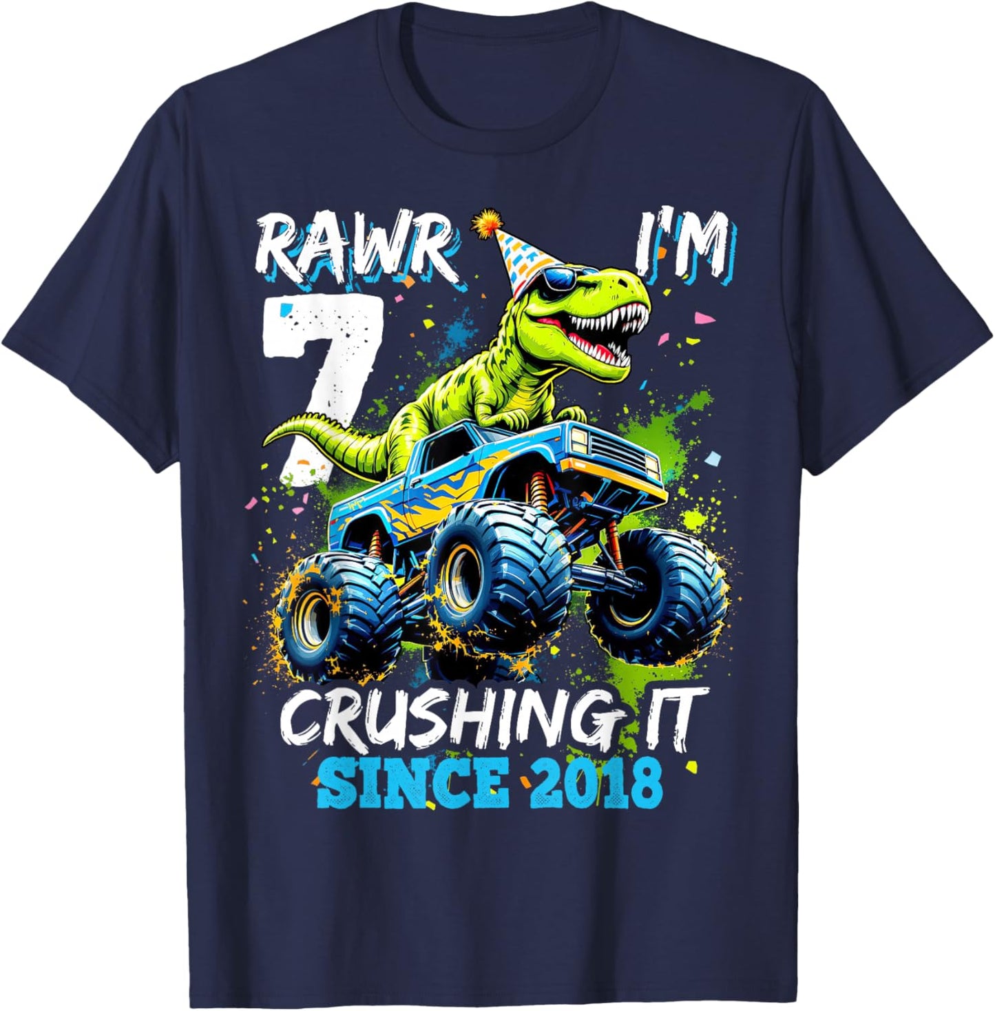 7th Birthday Monster Truck Dinosaur Party Boys Rawr I'm 7 T-Shirt - T-Shirt | Navy