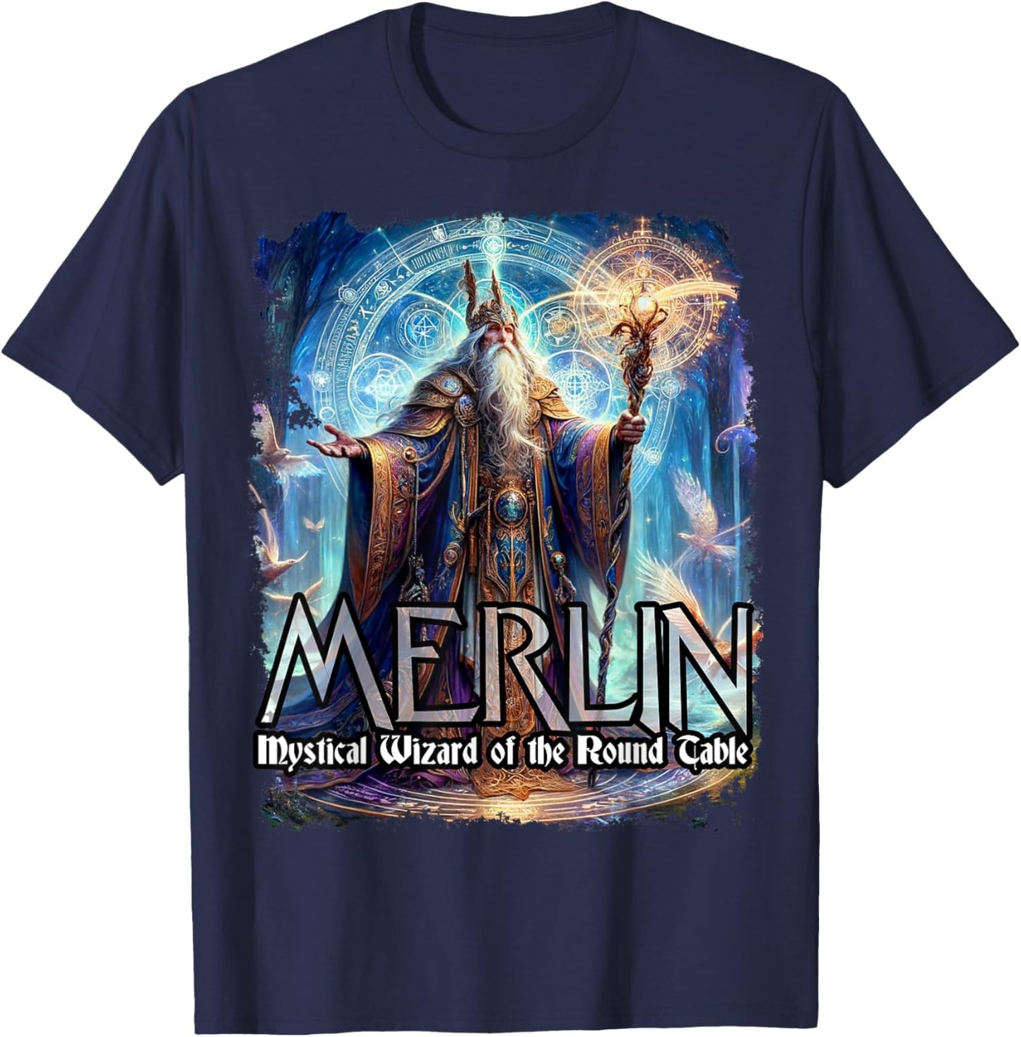 Mythothreads Arthurian Mythology Merlin Mystical Wizard of the Round Table Magical Sorcerer , Small, Black T-Shirt - T-Shirt | Navy