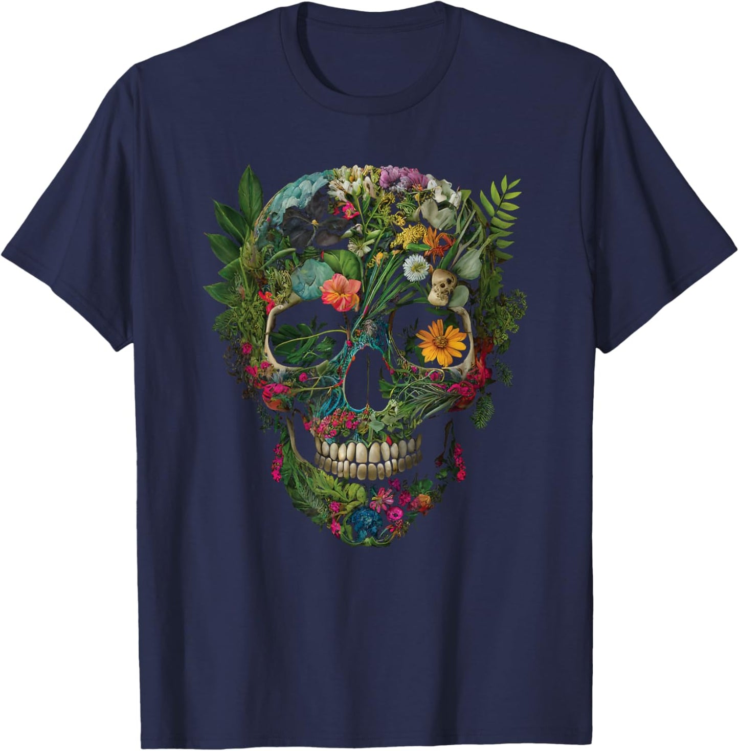 Haunted Botanical Garden Human Skull With Flowers And Plants T-Shirt - T-Shirt | Navy