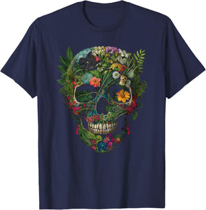 Haunted Botanical Garden Human Skull With Flowers And Plants T-Shirt - T-Shirt | Navy