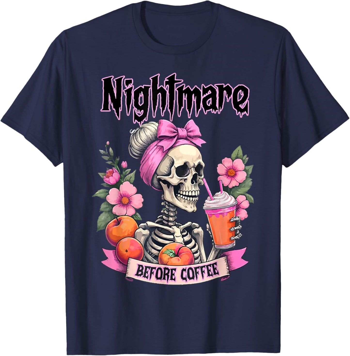 Cute Nightmare Before Coffee Halloween Flower Skeleton T-Shirt - T-Shirt | Navy