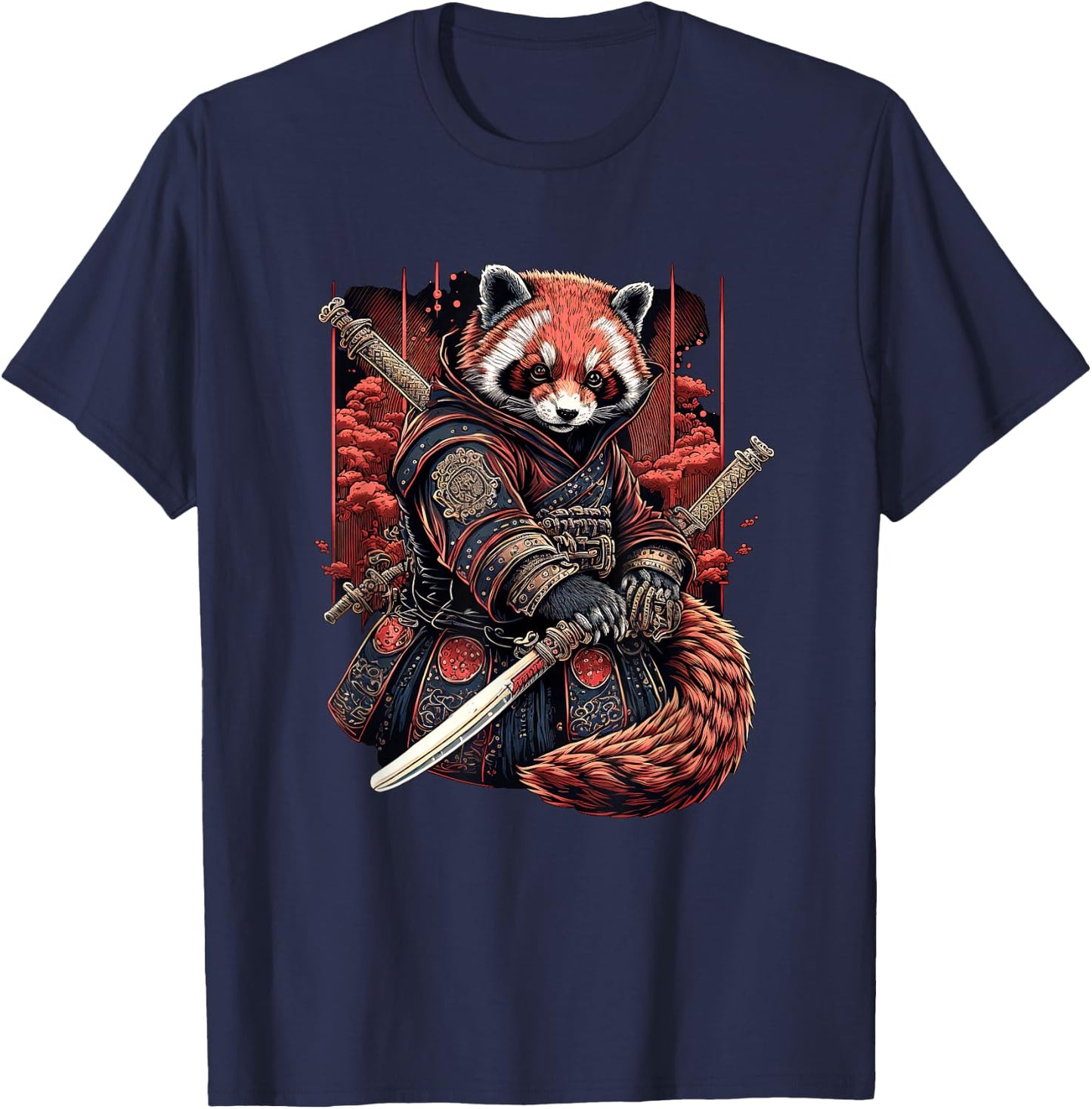 Red Panda Samurai Warrior Japanese Art T-Shirt - T-Shirt | Navy