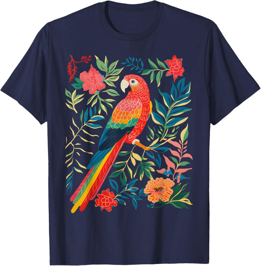 Boho Floral Parrot Scarlet Macaw Birdwatching Bird Lover T-Shirt - T-Shirt | Navy