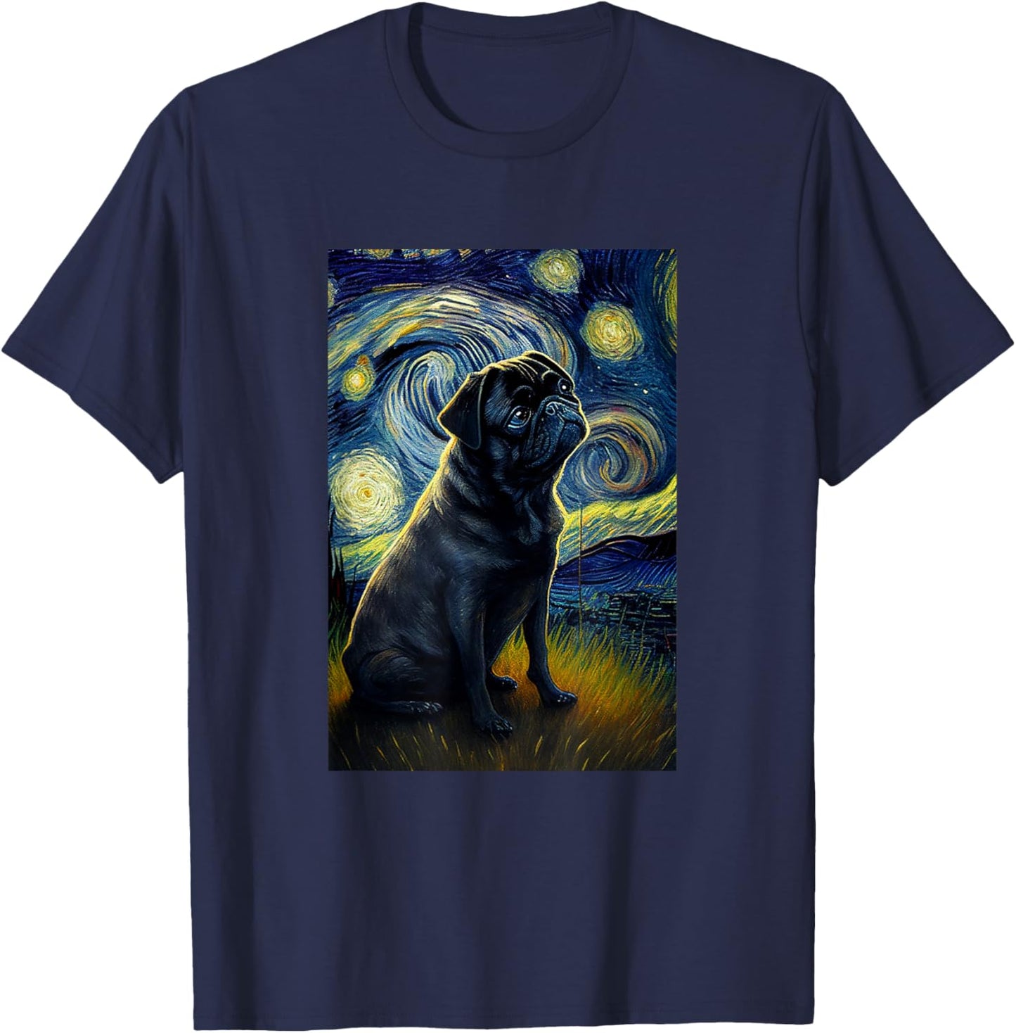 black Pug in Starry Night Painting Dog Mom Dad T-Shirt - T-Shirt | Navy