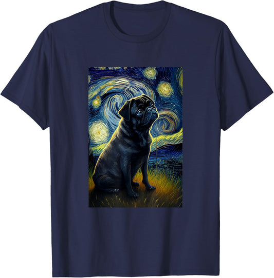black Pug in Starry Night Painting Dog Mom Dad T-Shirt - T-Shirt | Navy