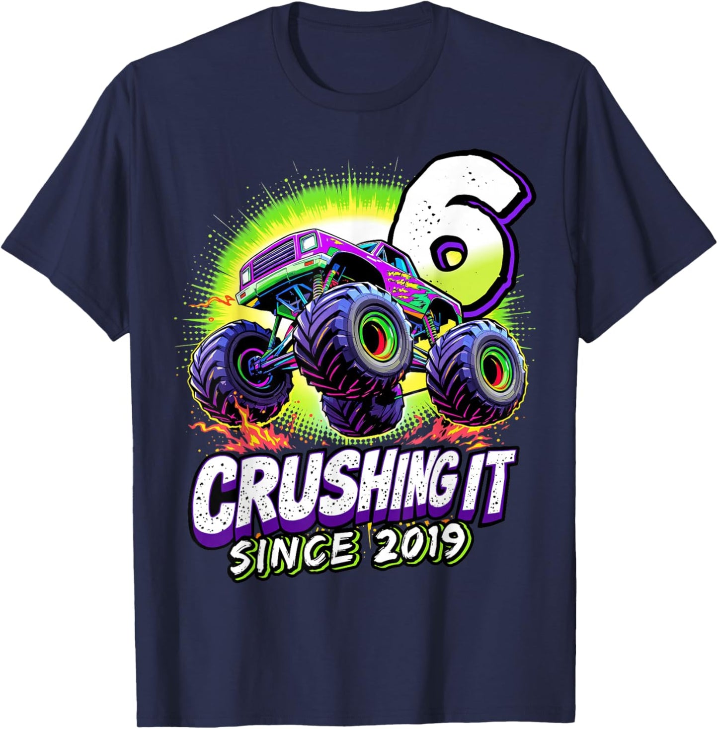 Birthday Monster Truck 6 year Old Boys 6th Party Born 2019 T-Shirt - T-Shirt | Navy