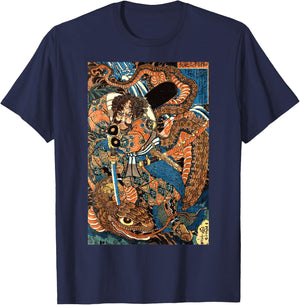 Japanese Samurai Ninja Against Snake Serpent Water Monster T-Shirt - T-Shirt | Navy