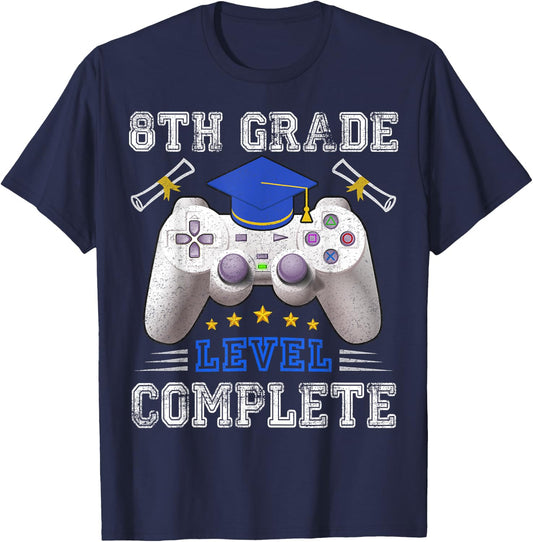 8th Grade Level Complete Gamer Class Of 2025 Graduation T-Shirt - T-Shirt | Navy