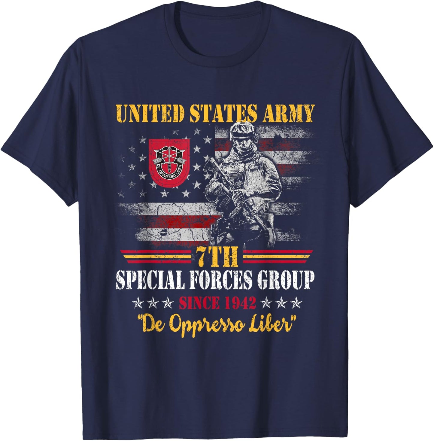 7th Special Forces Group US Flag Veteran 7th SFG Patriotic T-Shirt - T-Shirt | Navy