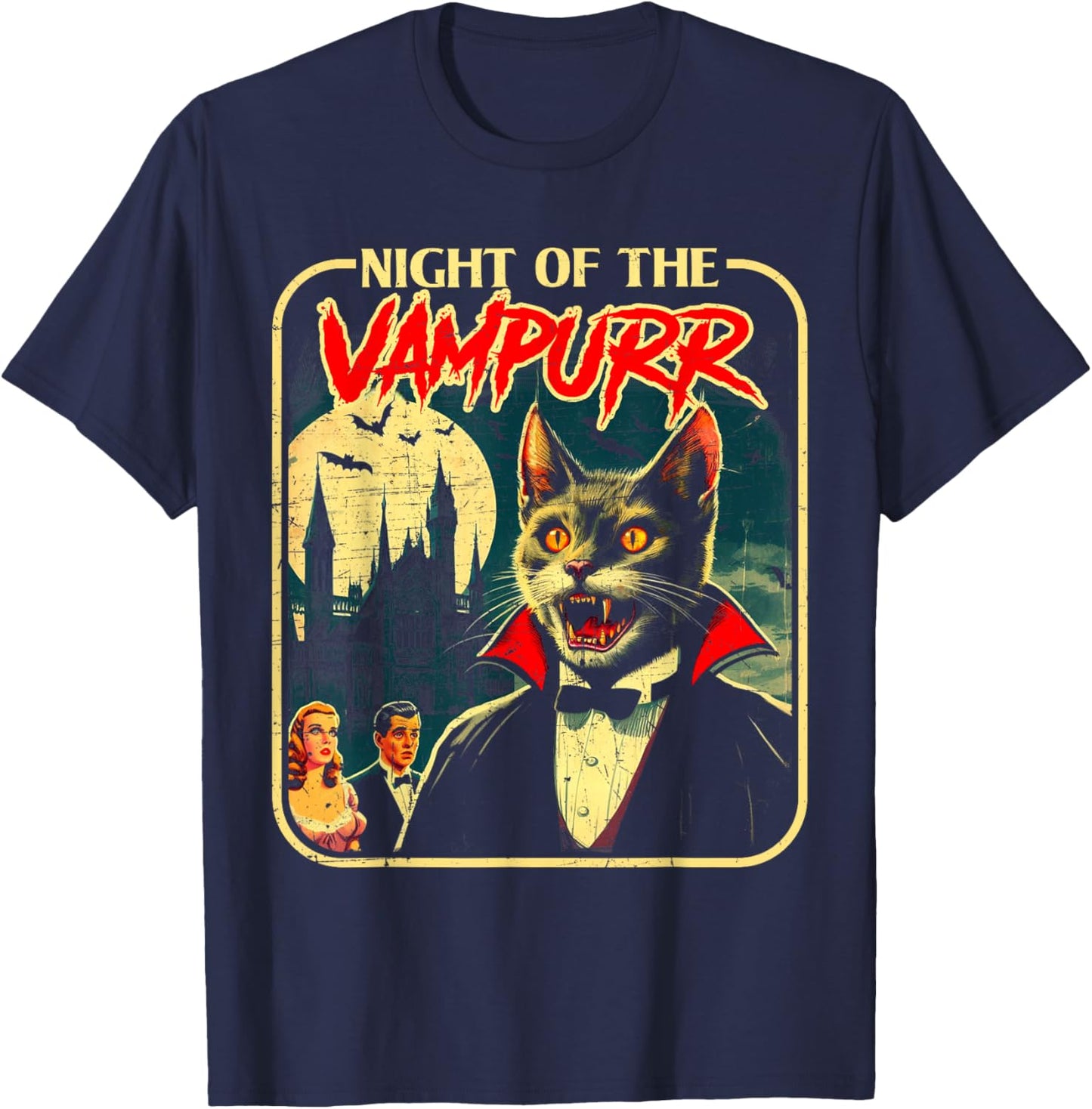 Night of The Vampurr Funny Cat Halloween T-Shirt - T-Shirt | Navy
