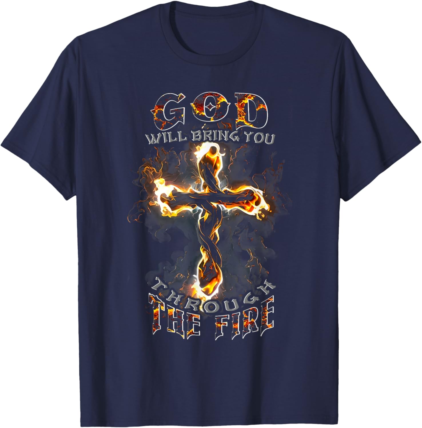 God Will Bring You Through The Fire Vintage Cross Christian T-Shirt - T-Shirt | Navy