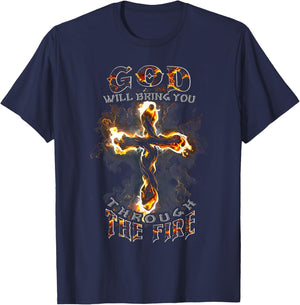 God Will Bring You Through The Fire Vintage Cross Christian T-Shirt - T-Shirt | Navy
