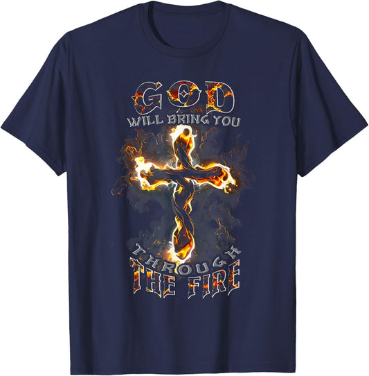 God Will Bring You Through The Fire Vintage Cross Christian T-Shirt - T-Shirt | Navy