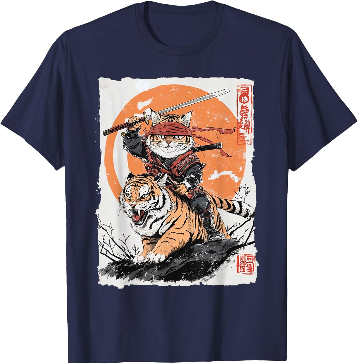 Ninja Cat Riding Tiger - Japanese Samurai Art Vintage Style Women Kids T-Shirt - T-Shirt | Navy