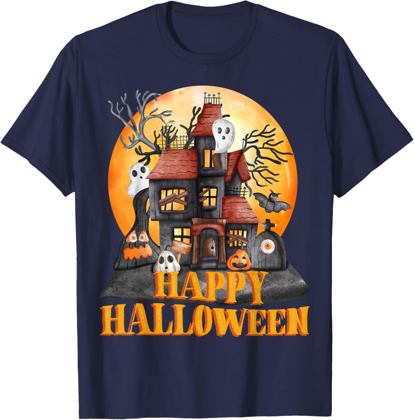 Fall season happy Halloween haunted houses spiders bats T-Shirt - T-Shirt | Navy