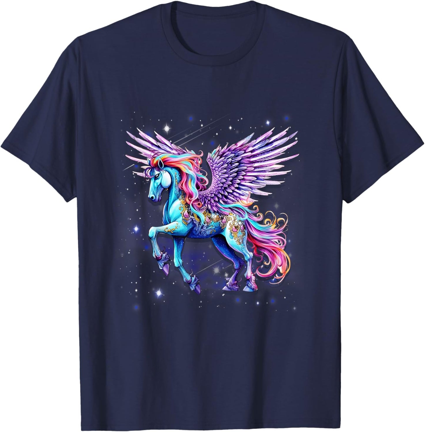 Rainbow Wings Unicorn Pegasus Fantasy Art T-Shirt - T-Shirt | Navy